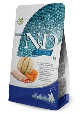 Farmina N&D Ocean Cat Codfish, Shrimp, Pumpkin & Cantaloupe Melon Kitten сухой беззерновой корм для котят с треской, креветками, тыквой и дыней